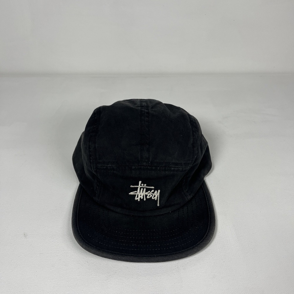 Stussy 5 Panel Hat Cap Black Embroidered Adjustable Flat Brim